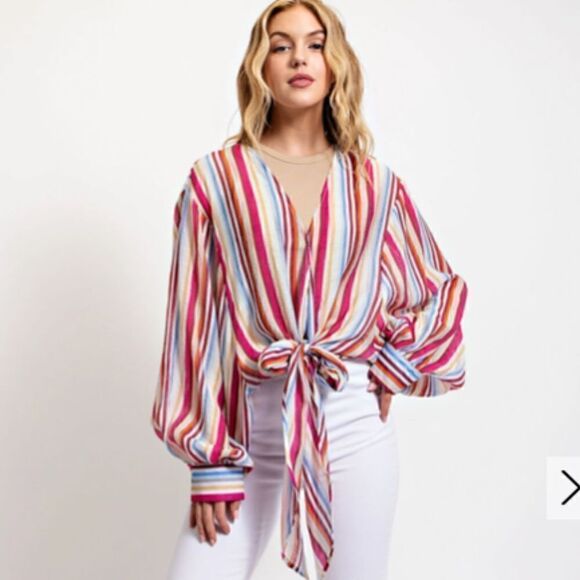 Sweet Candy Striped Front Tie Long Sleeve Shirt with Snap Button Boho Festival - Picture 1 of 7